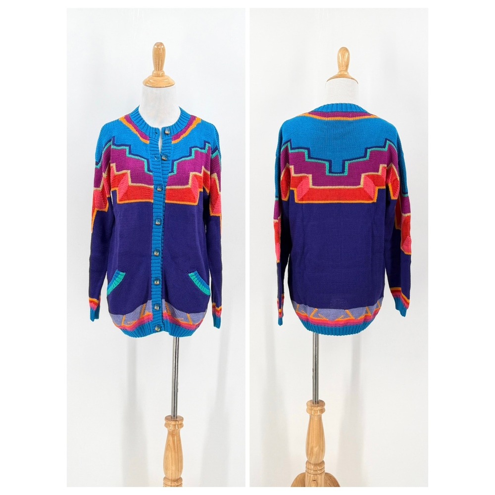 PERUVIAN CONNECTION Vintage Cardigan Sweater Womens Medium Multi Color Southwest